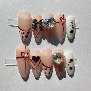 Elegant Red and White Press-On Nails with Glitter